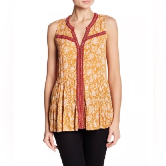 Democracy Plus Sleeveless Boho Blouse 3X Mustard Yellow Red Embroidered Floral - Picture 1 of 11